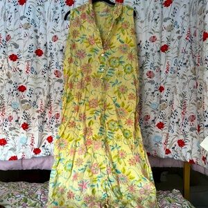 SOLD- Vintage linen, yellow floral maxi dress with button-up front
